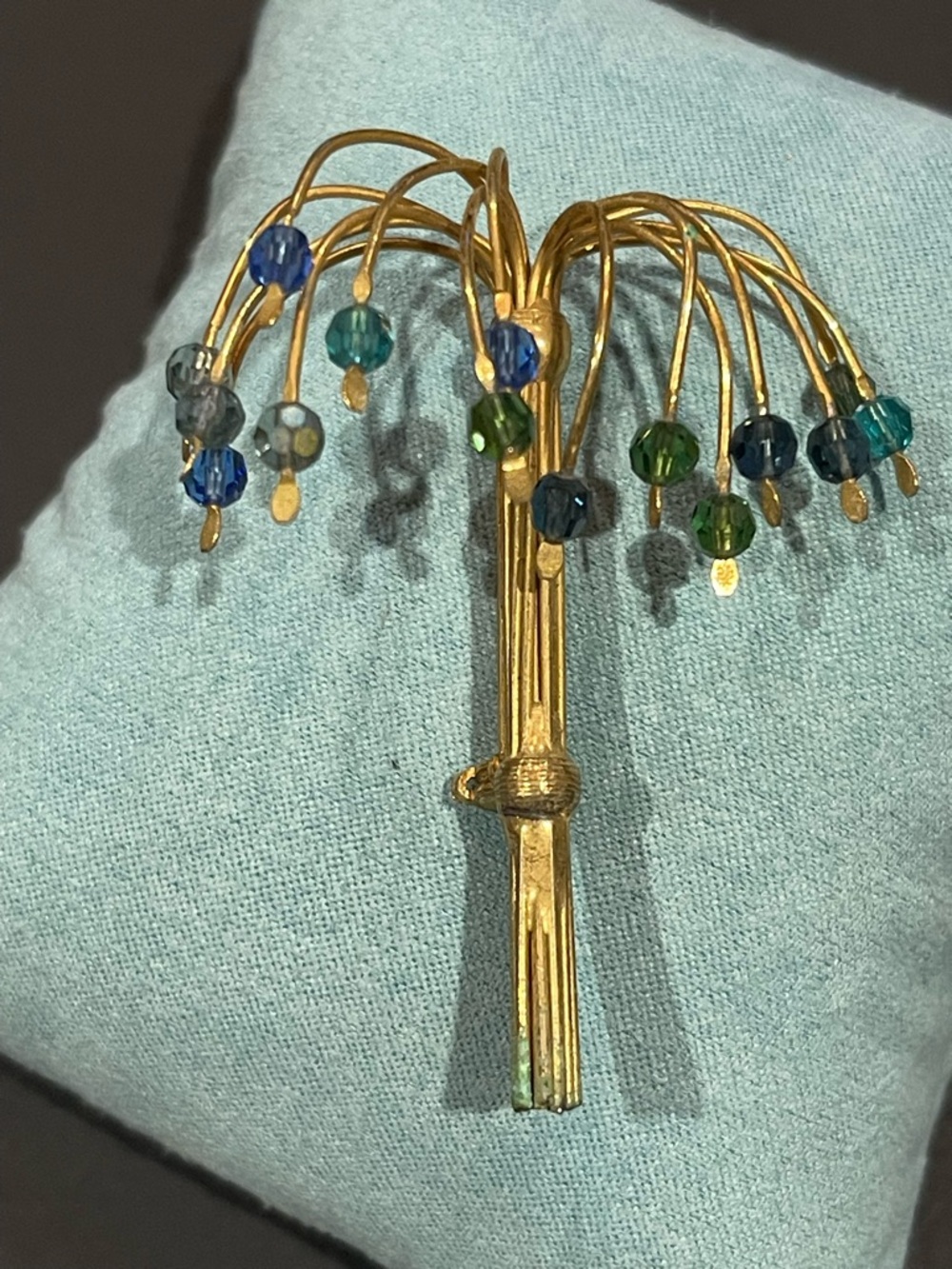 Gold-Tone Bouquet Brooch with Blue and Green Crystal Beads